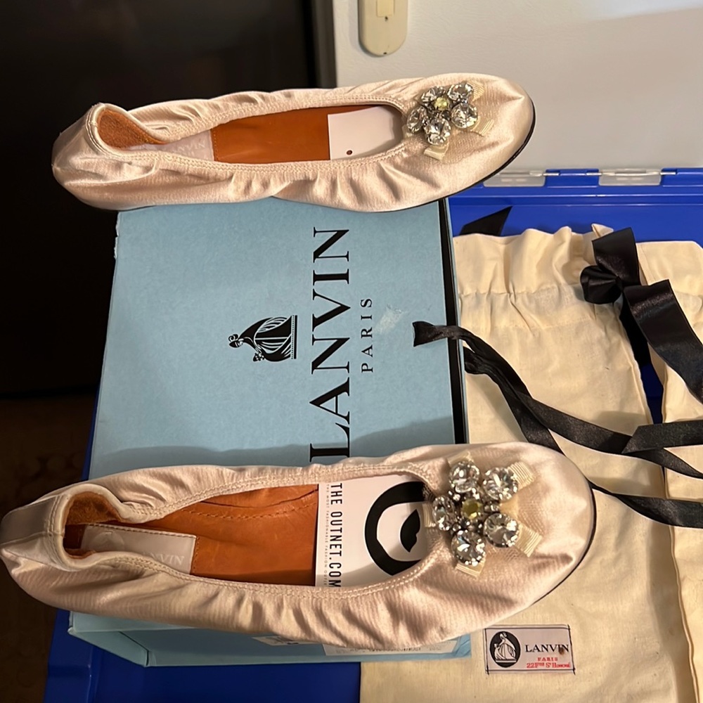 Gorgeous Lanvin satin flats with front buckled rhinestone detail
